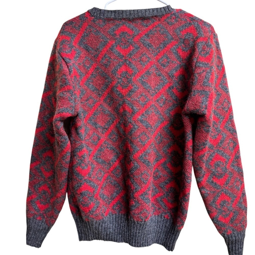 Vintage Puritan Shetland Wool Sweater Men’s L Red Gray Geometric Knit USA Made - Picture 2 of 5